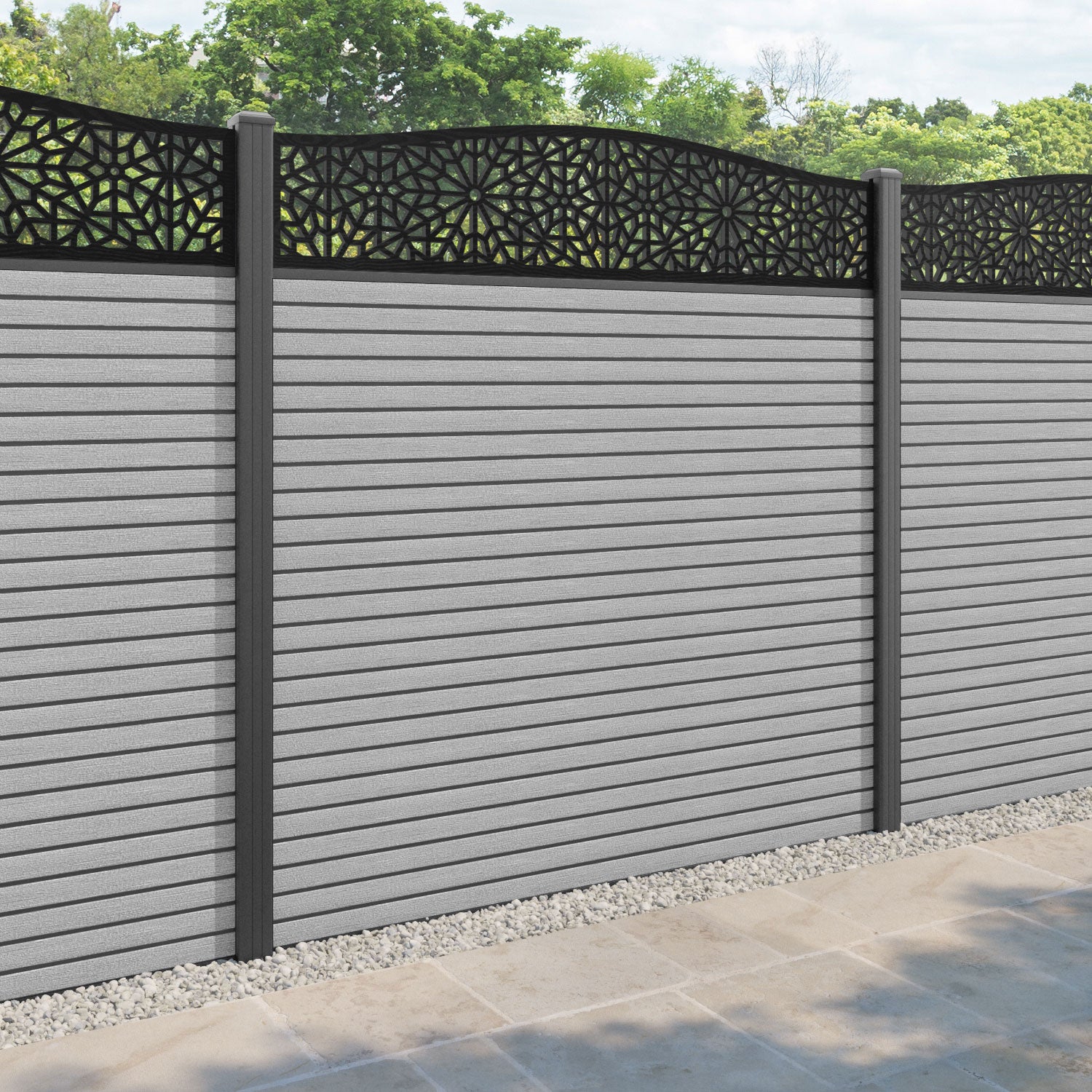 Hudson Alnara Curved Top Fence Panel - Light Grey - with our aluminium posts