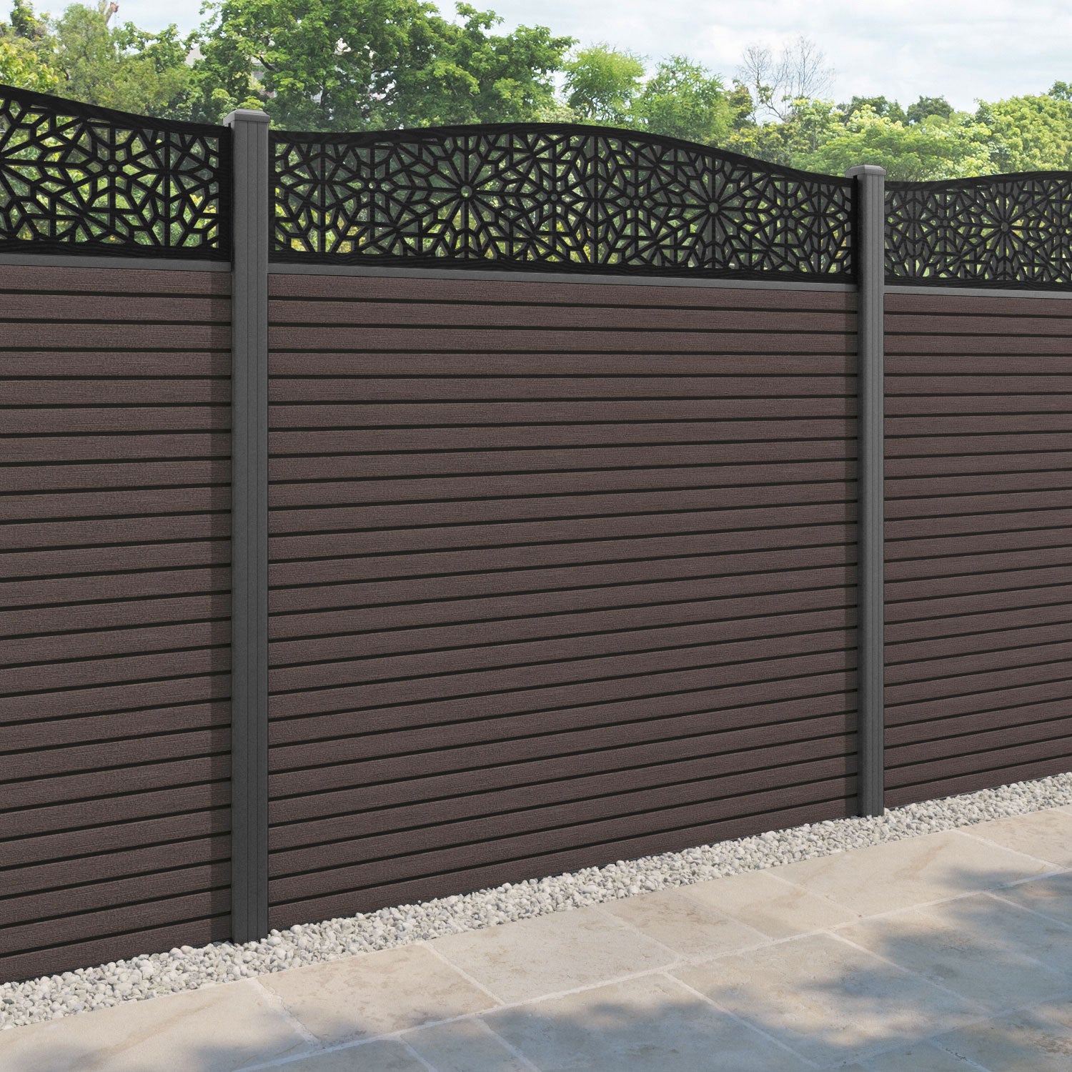Hudson Alnara Curved Top Fence Panel - Mid Brown - with our aluminium posts