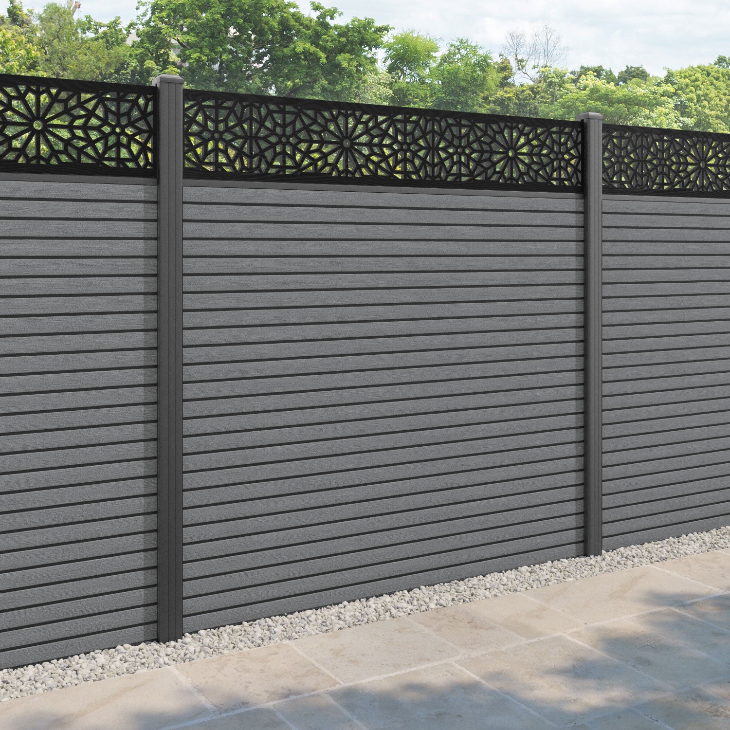 Hudson Alnara Fence Panel - Mid Grey - with our aluminium posts