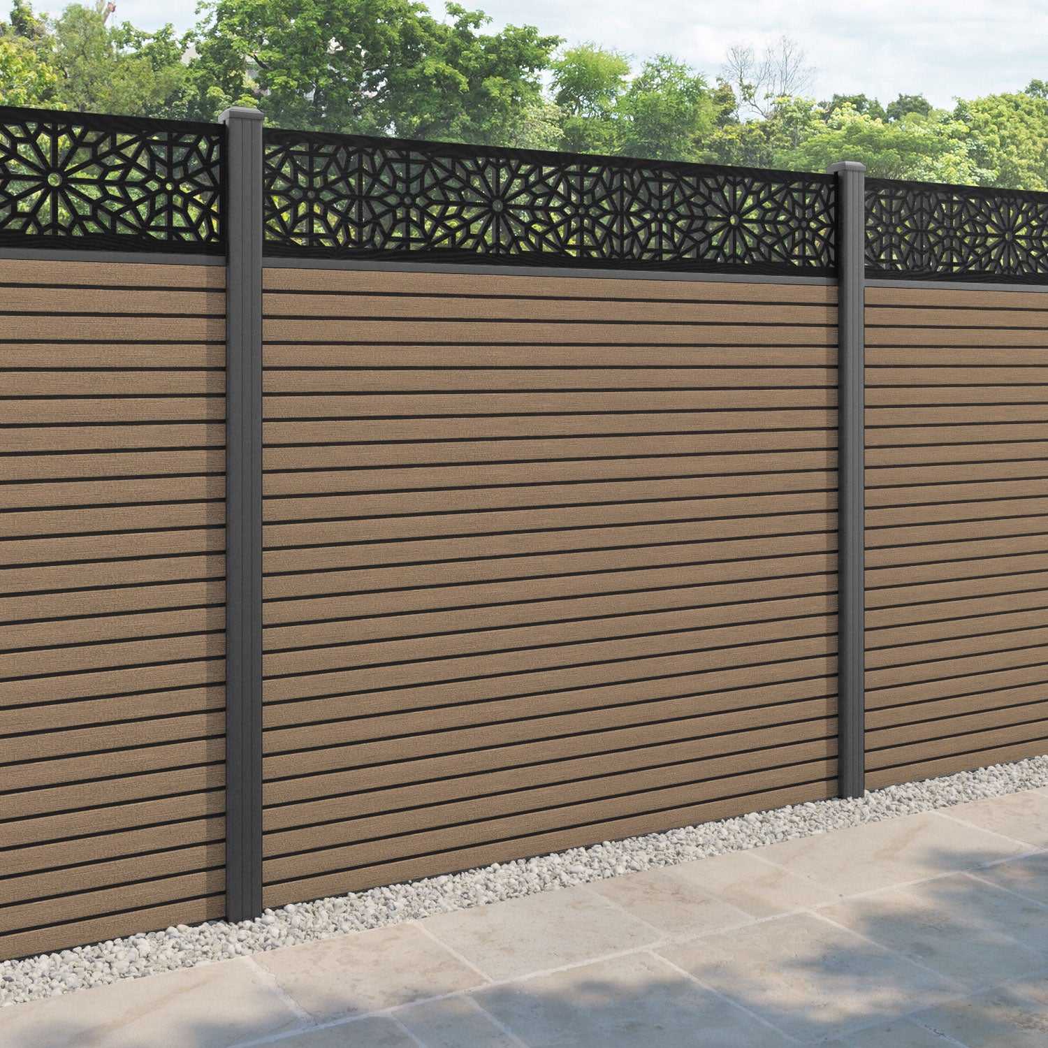 Hudson Alnara Fence Panel - Teak - with our aluminium posts