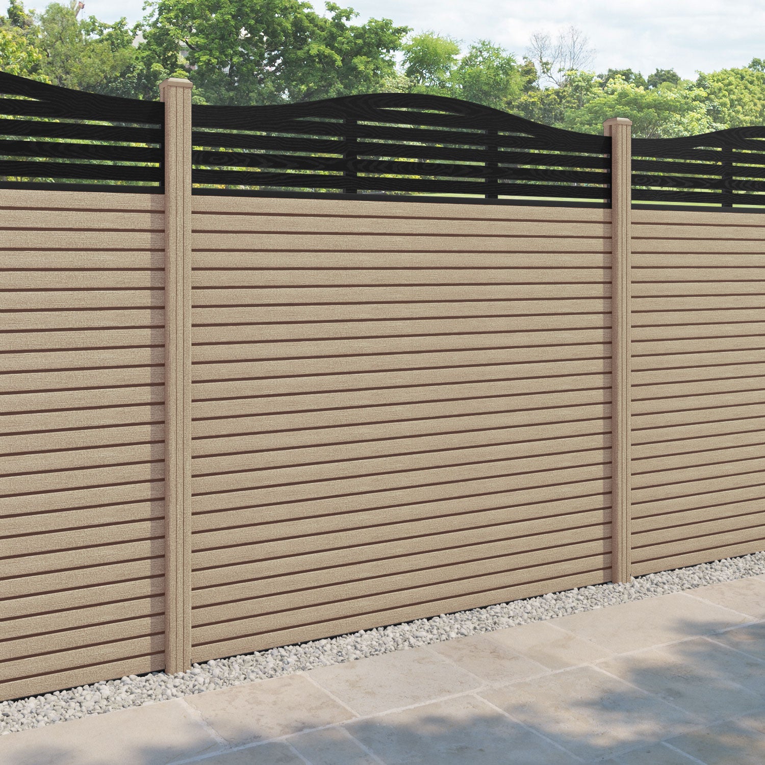 Hudson Aspen Curved Top Fence Panel - Light Oak - with our composite posts