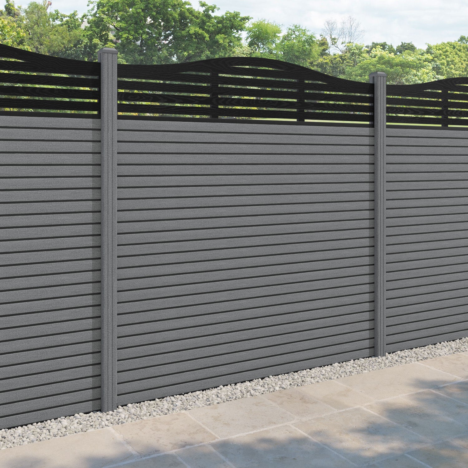 Hudson Aspen Curved Top Fence Panel - Mid Grey - with our composite posts