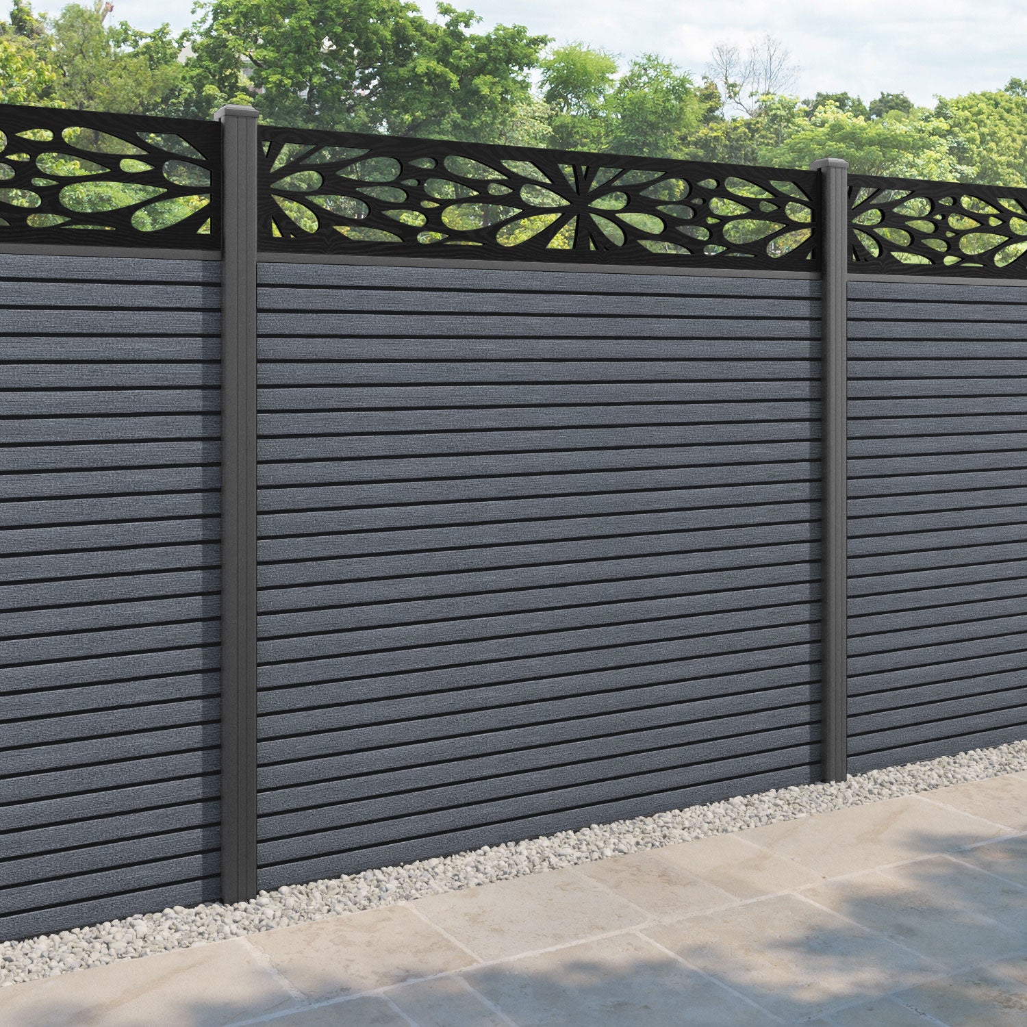 Hudson Blossom Fence Panel - Anthracite - with our aluminium posts