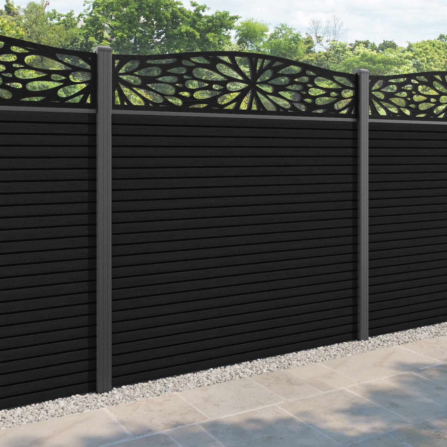 Hudson Blossom Curved Top Fence Panel - Black - with our aluminium posts