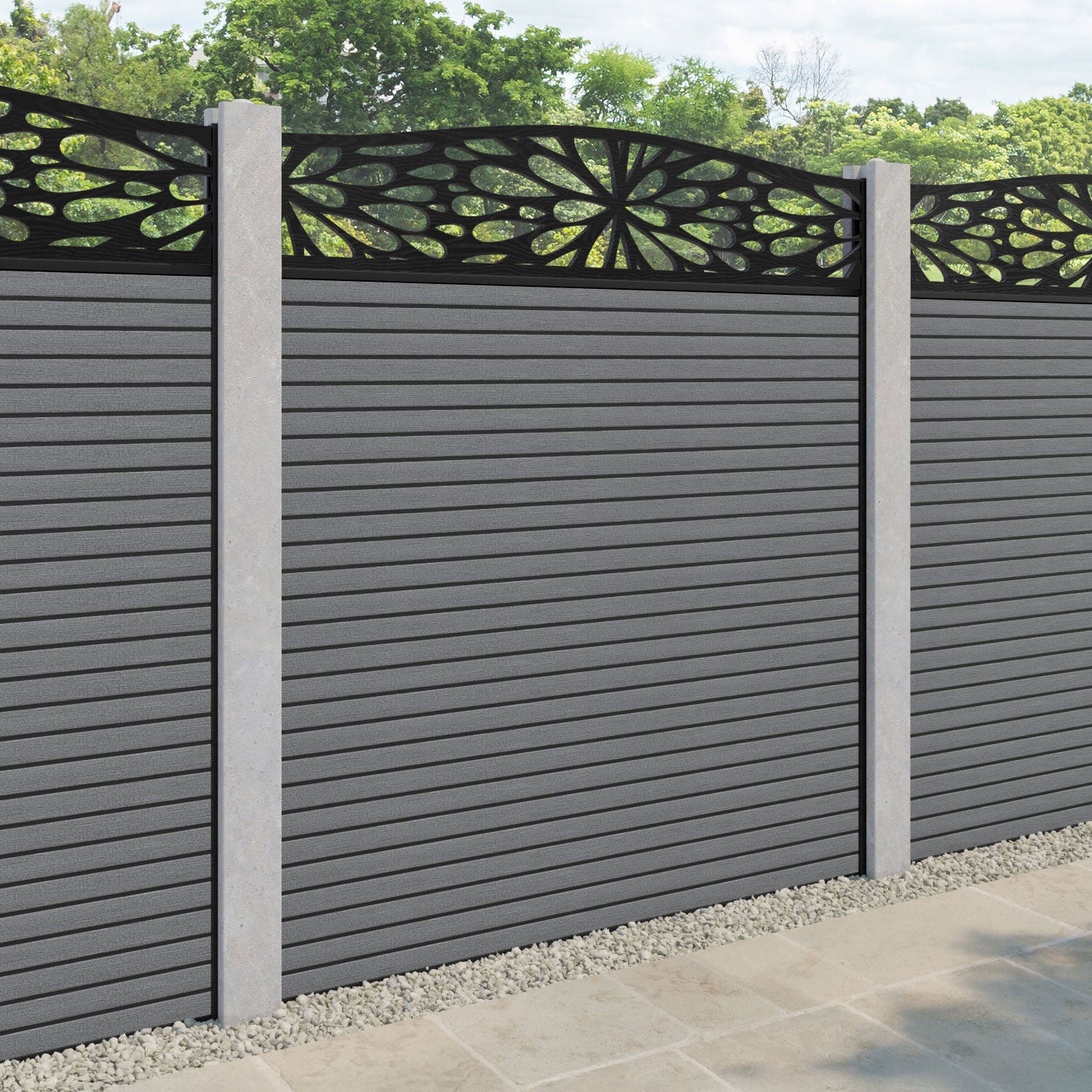 Hudson Blossom Curved Top Fence Panel - Mid Grey - for existing concrete posts