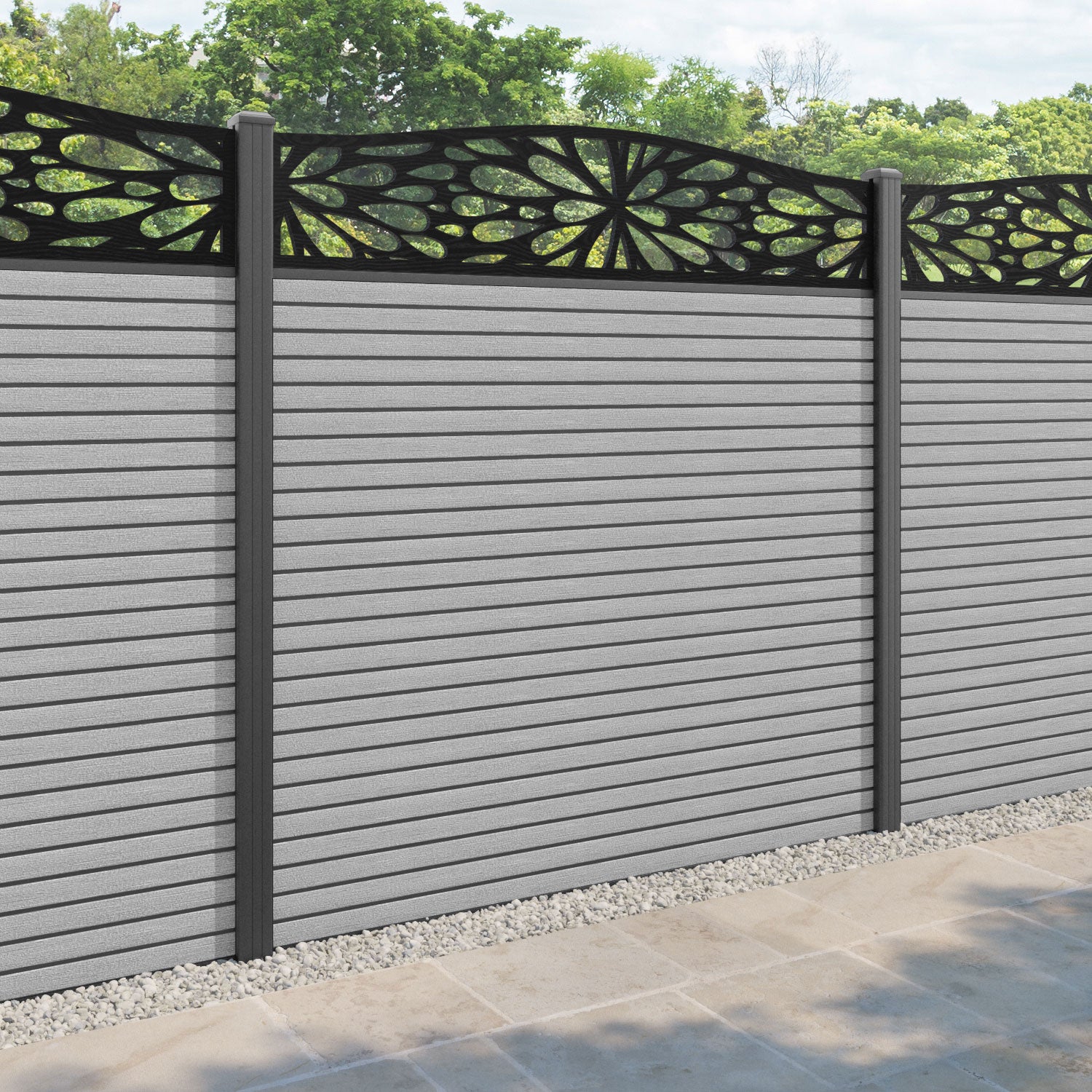 Hudson Blossom Curved Top Fence Panel - Light Grey - with our aluminium posts