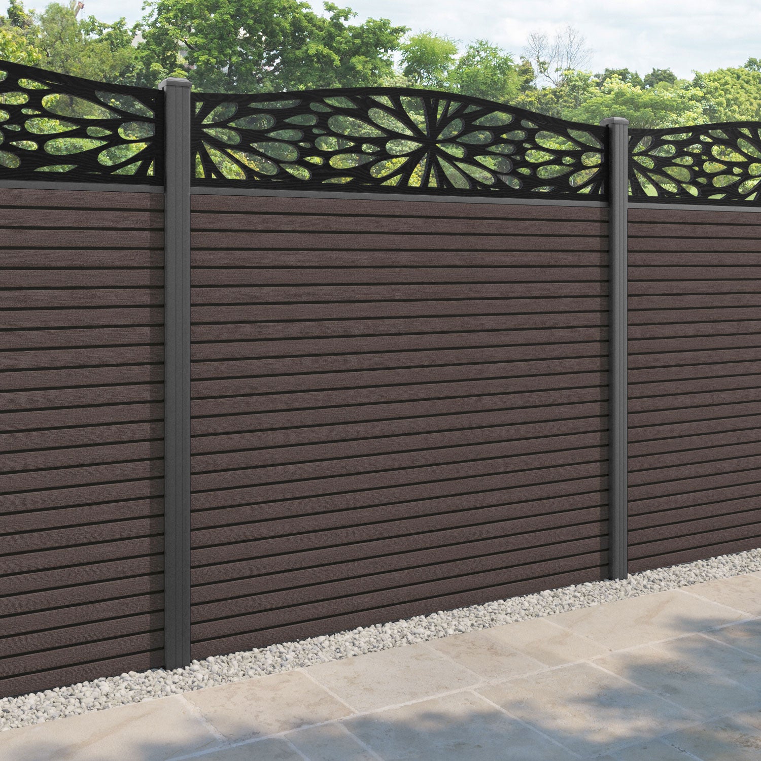 Hudson Blossom Curved Top Fence Panel - Mid Brown - with our aluminium posts