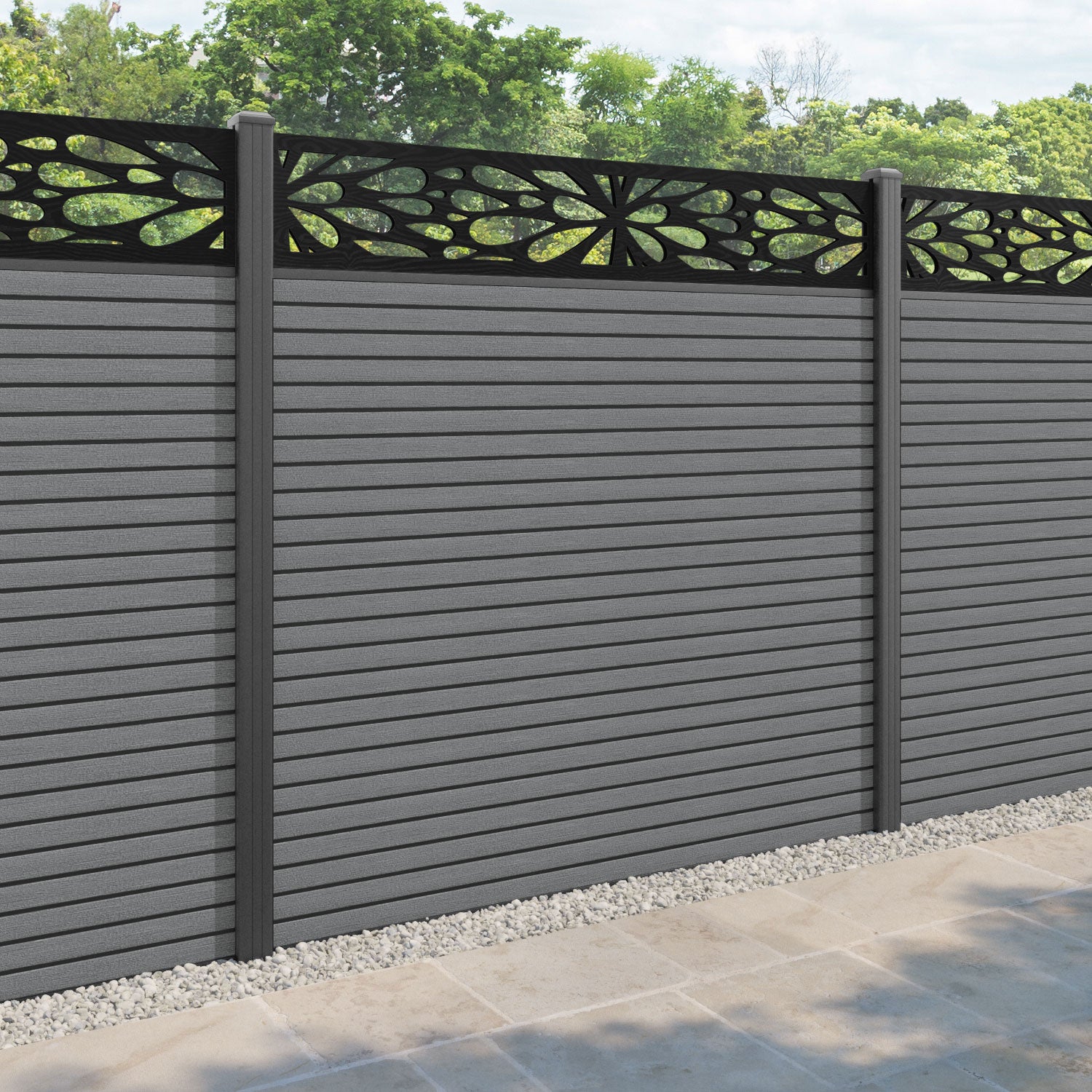 Hudson Blossom Fence Panel - Mid Grey - with our aluminium posts
