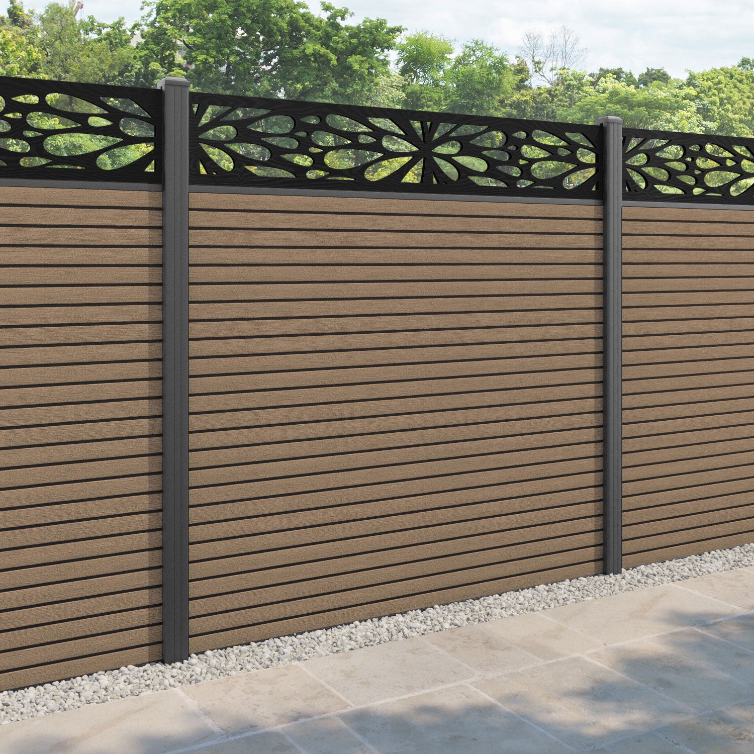 Hudson Blossom Fence Panel - Teak - with our aluminium posts