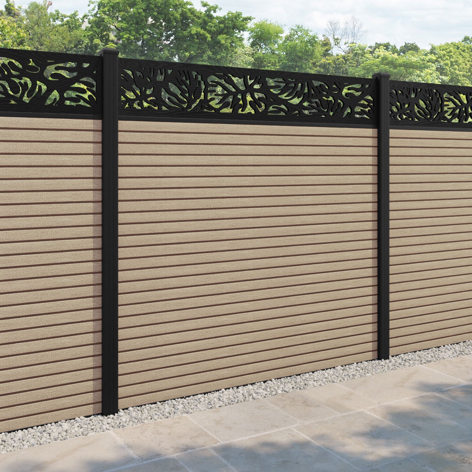 Hudson Botanic Fence Panel - Light Oak - with our aluminium posts