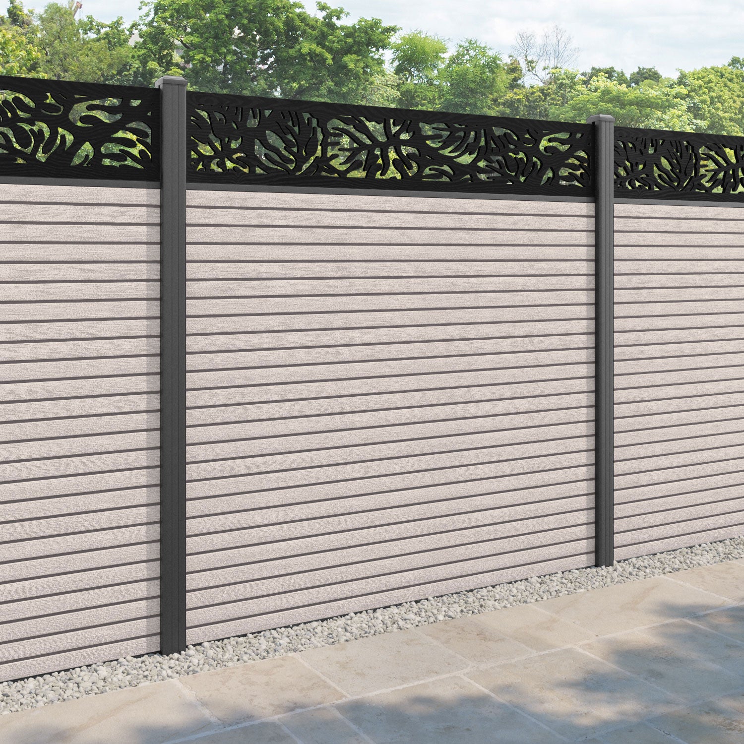 Hudson Botanic Fence Panel - Mid Stone - with our aluminium posts