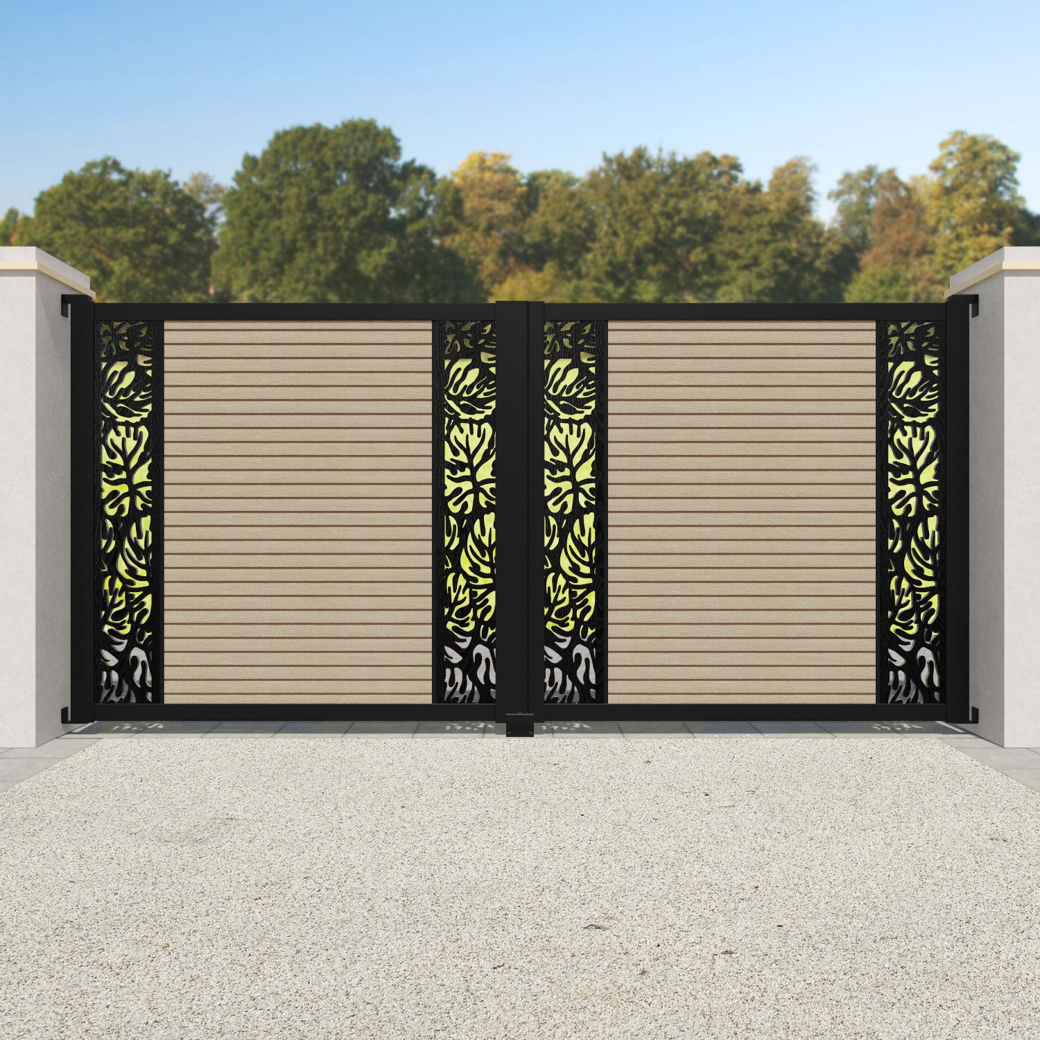 Hudson Botanic Straight Top Driveway Gate - Light Oak - Middle & End Screen