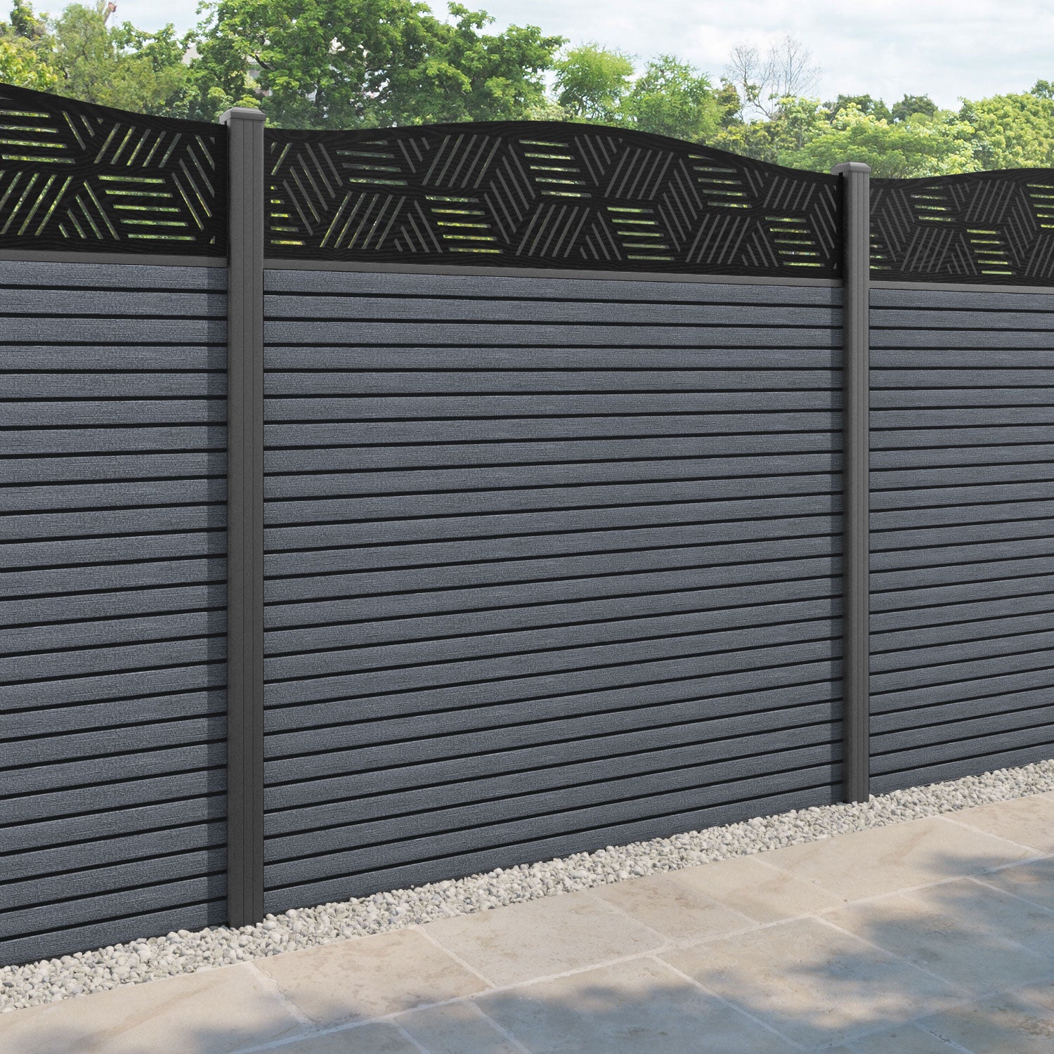 Hudson Cubed Curved Top Fence Panel - Anthracite - with our aluminium posts