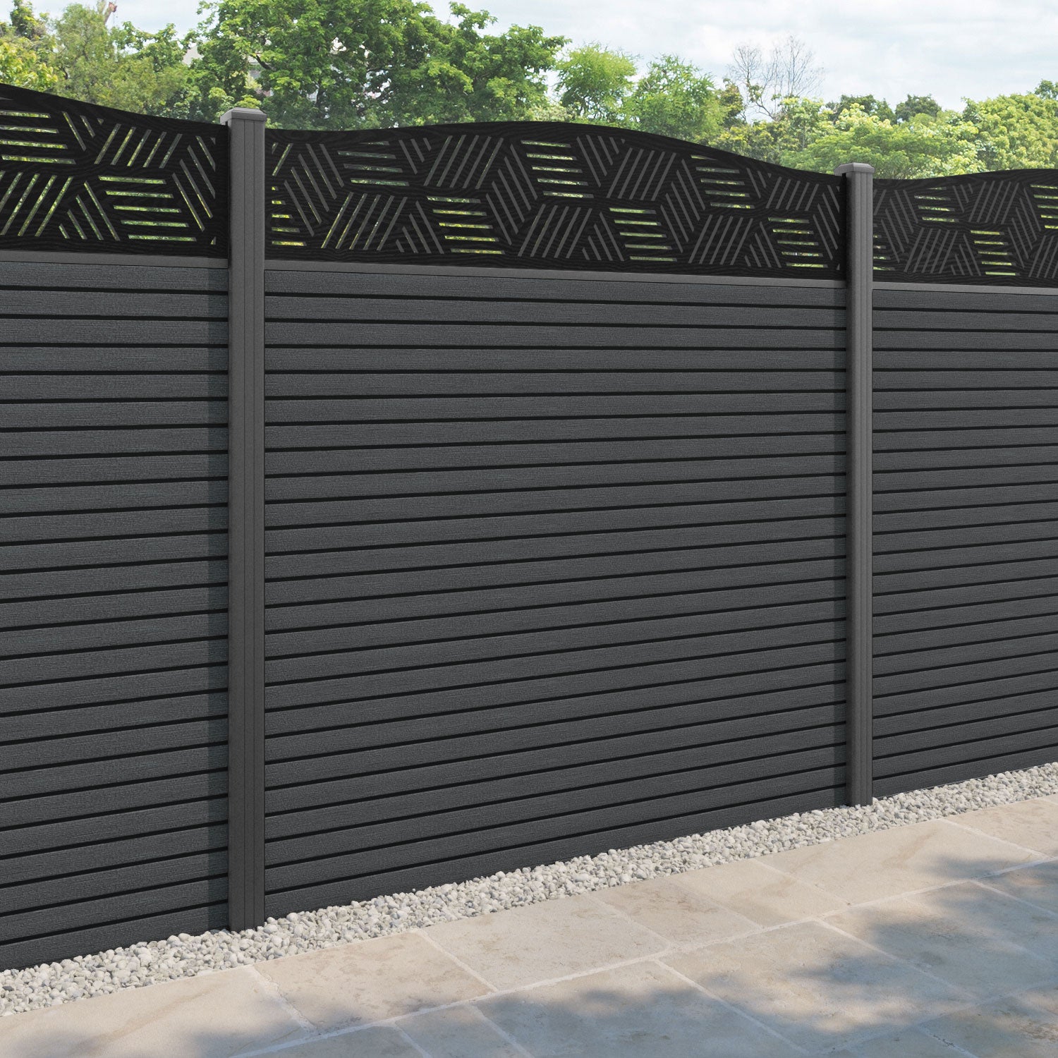 Hudson Cubed Curved Top Fence Panel - Dark Grey - with our aluminium posts