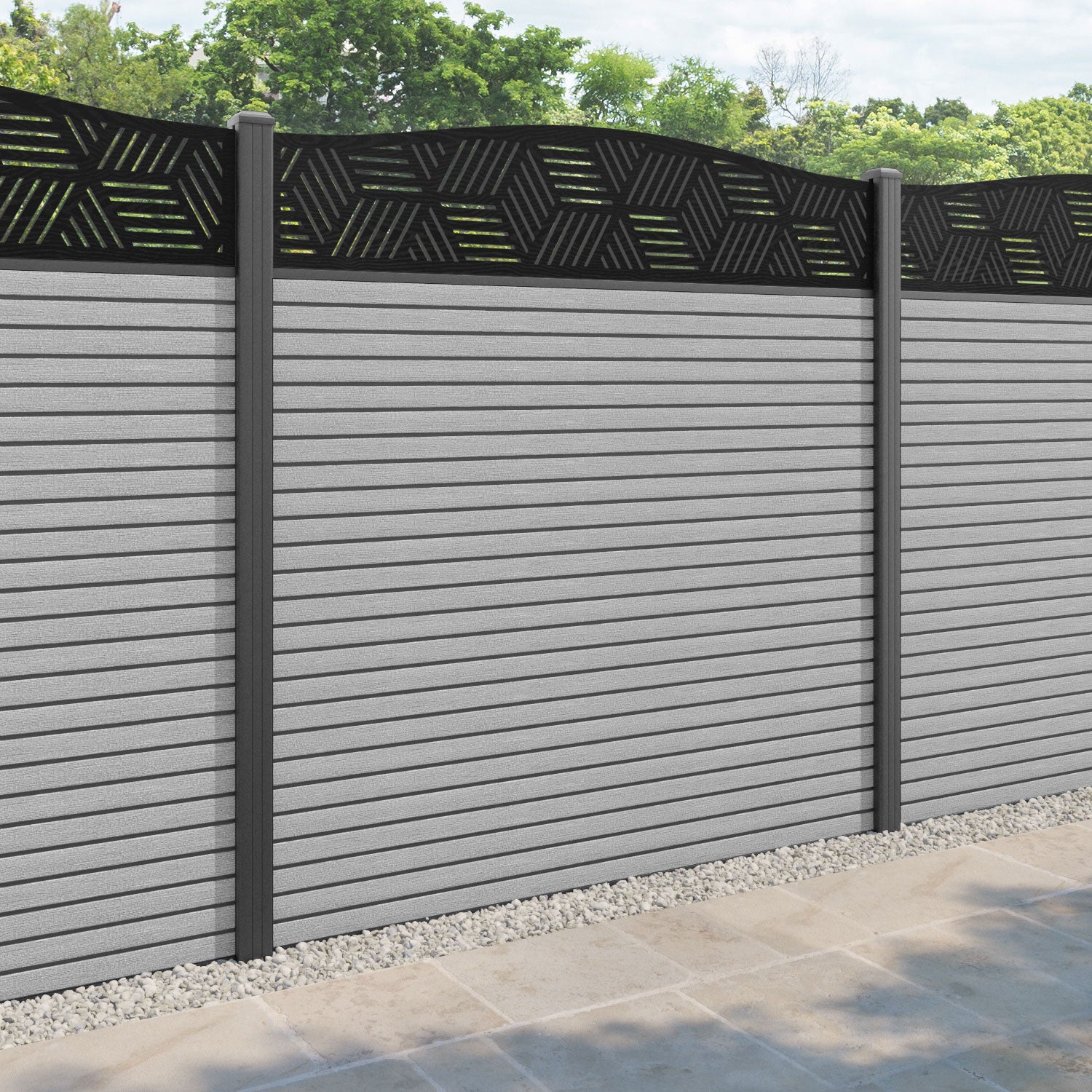 Hudson Cubed Curved Top Fence Panel - Light Grey - with our aluminium posts
