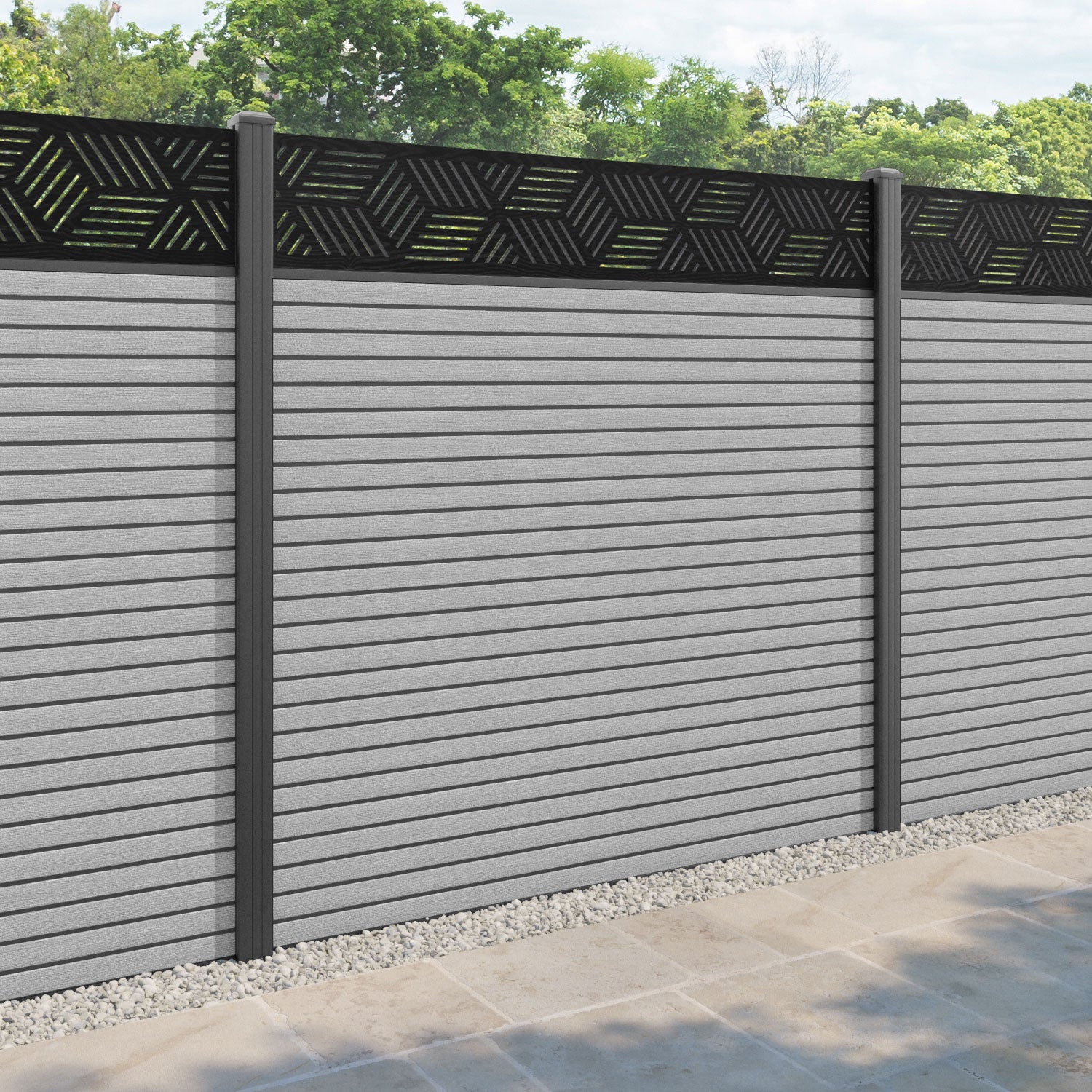 Hudson Cubed Fence Panel - Light Grey - with our aluminium posts