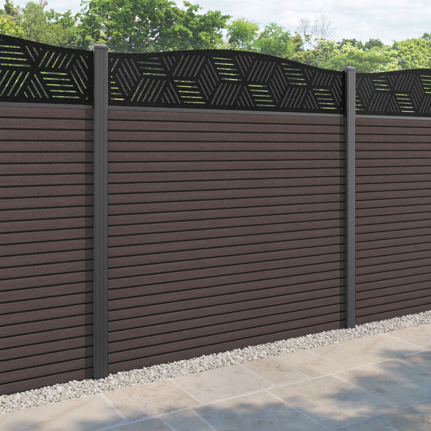 Hudson Cubed Curved Top Fence Panel - Mid Brown - with our aluminium posts