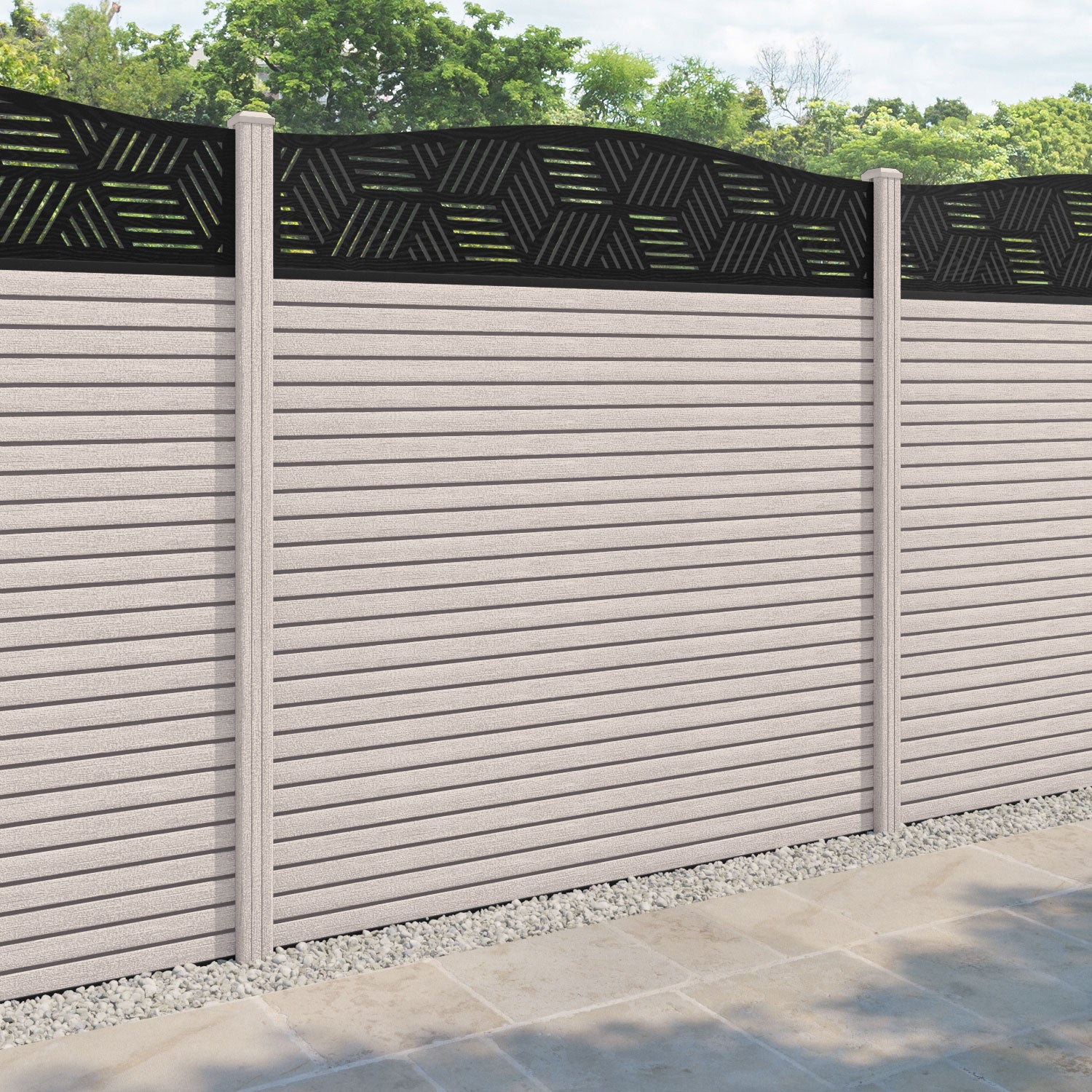 Hudson Cubed Curved Top Fence Panel - Mid Stone - with our composite posts