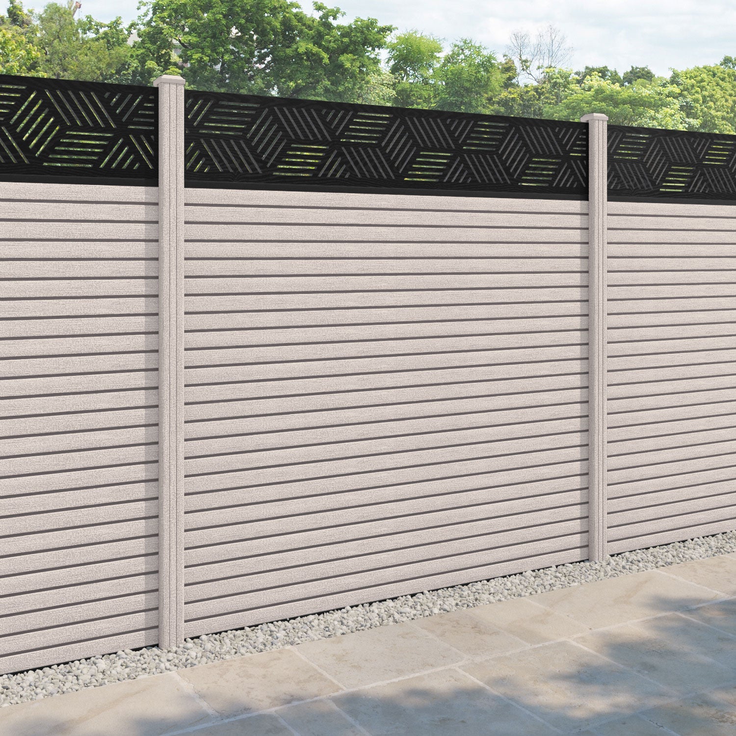 Hudson Cubed Fence Panel - Mid Stone - with our composite posts