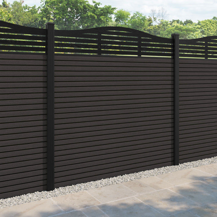 Hudson Aspen Curved Top Fence Panel - Dark Oak - with our aluminium posts