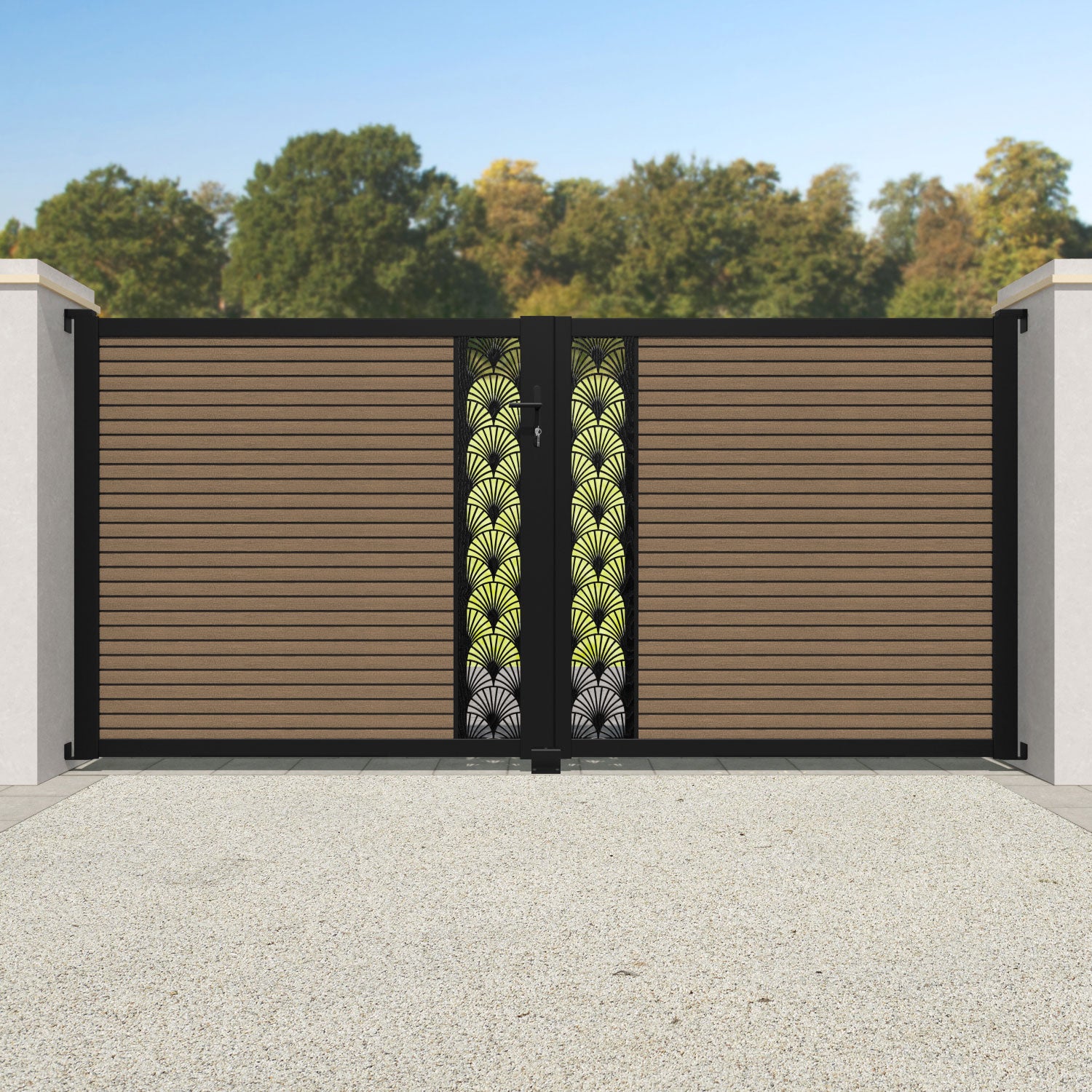 Hudson Laurel Straight Top Driveway Gate - Teak - Middle Screen