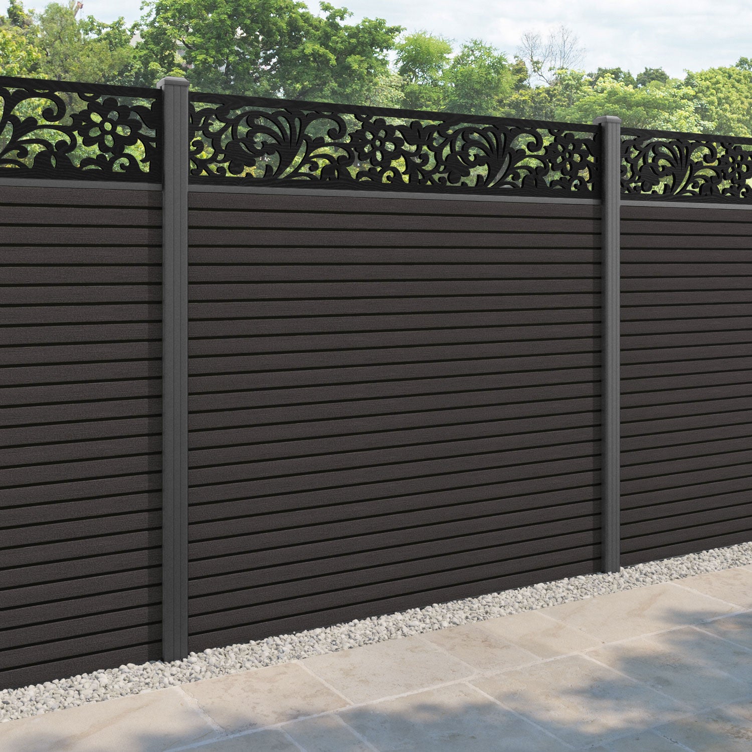 Hudson Eden Fence Panel - Dark Oak - with our aluminium posts