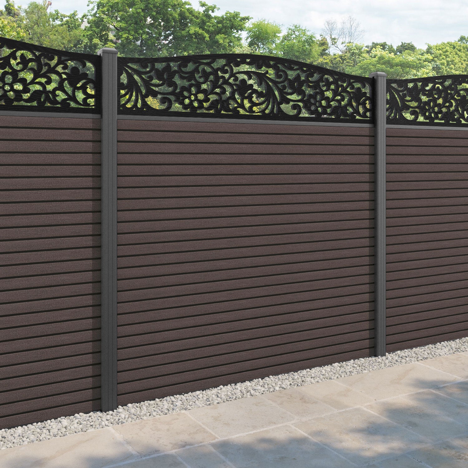 Hudson Eden Curved Top Fence Panel - Mid Brown - with our aluminium posts