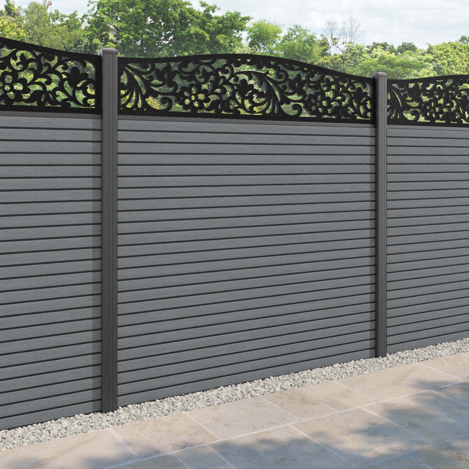 Hudson Eden Curved Top Fence Panel - Mid Grey - with our aluminium posts