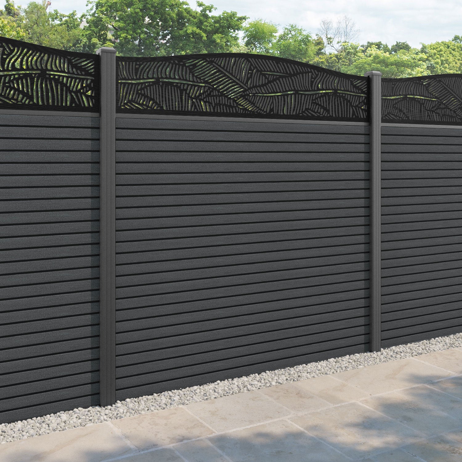 Hudson Feather Curved Top Fence Panel - Dark Grey - with our aluminium posts