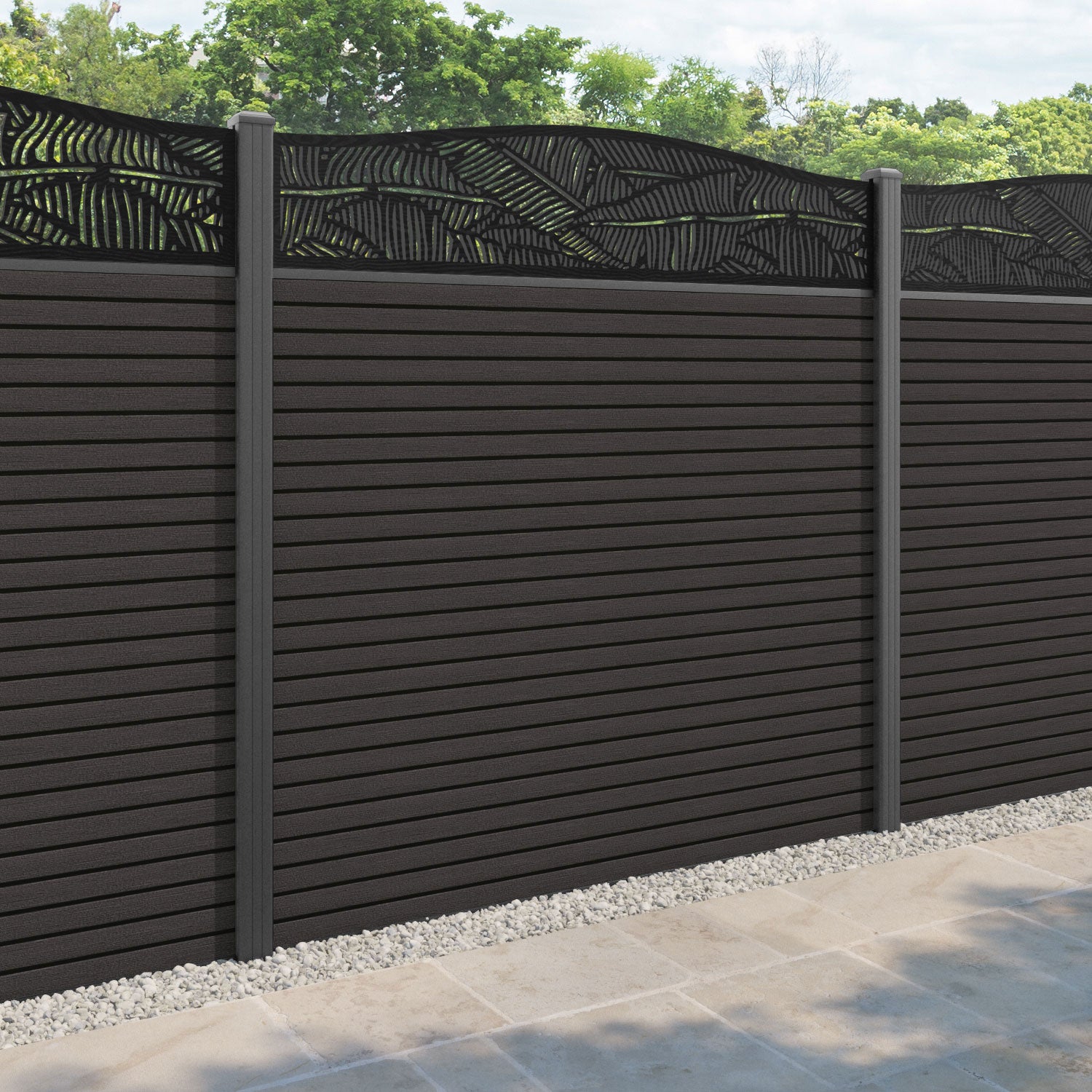 Hudson Feather Curved Top Fence Panel - Dark Oak - with our aluminium posts