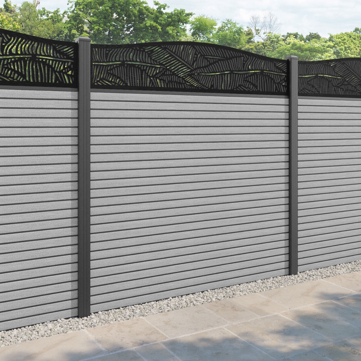 Hudson Feather Curved Top Fence Panel - Light Grey - with our aluminium posts