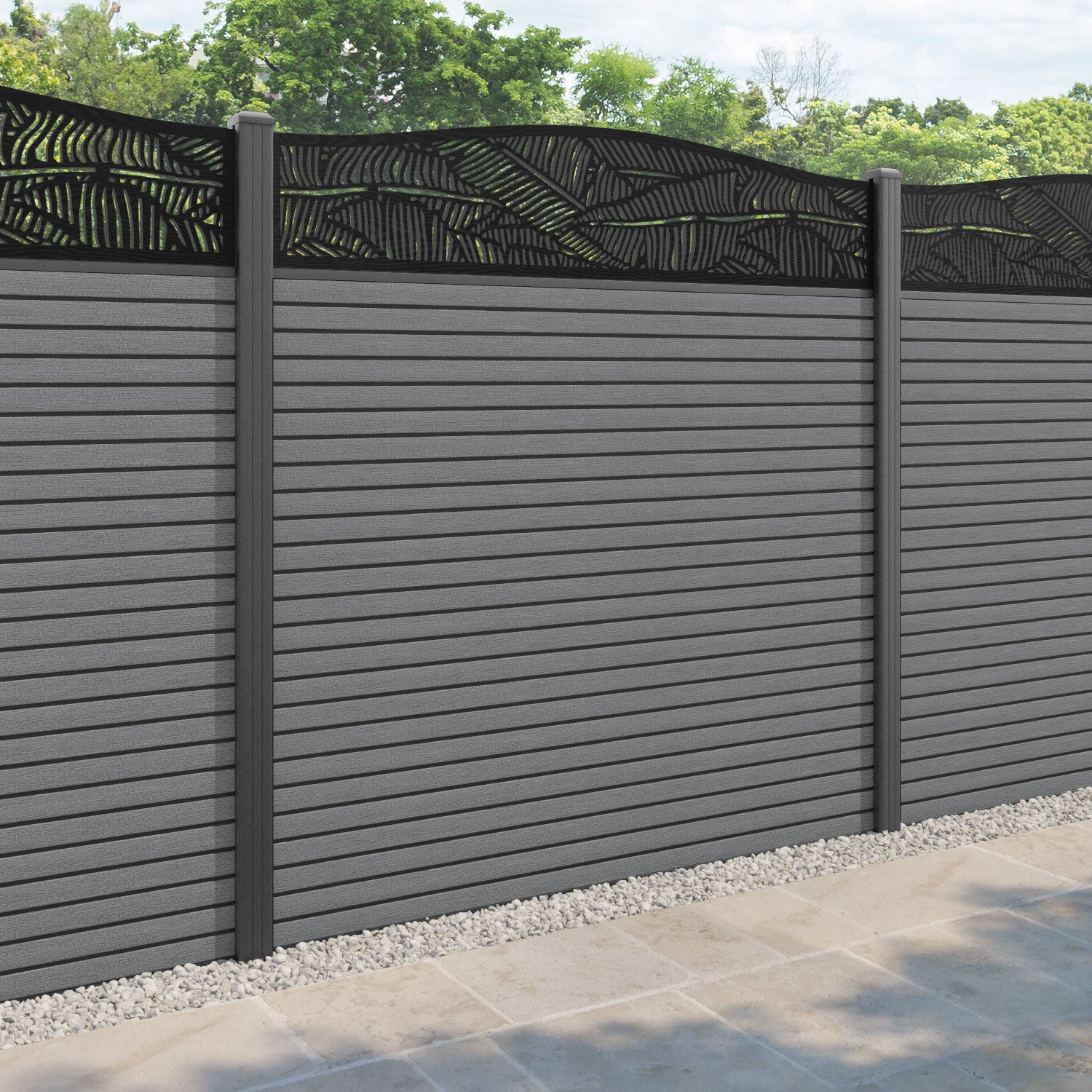 Hudson Feather Curved Top Fence Panel - Mid Grey - with our aluminium posts