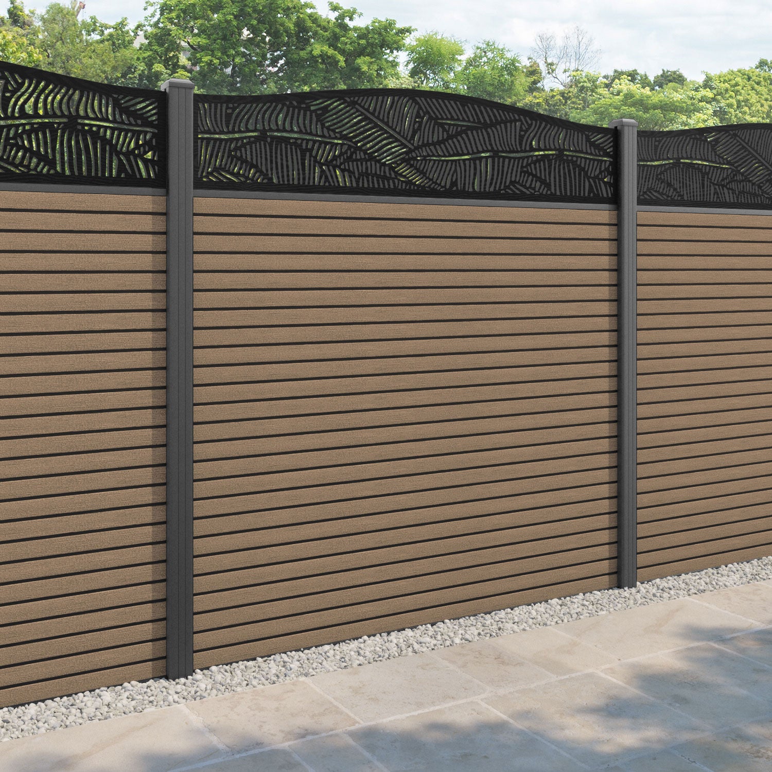 Hudson Feather Curved Top Fence Panel - Teak - with our aluminium posts