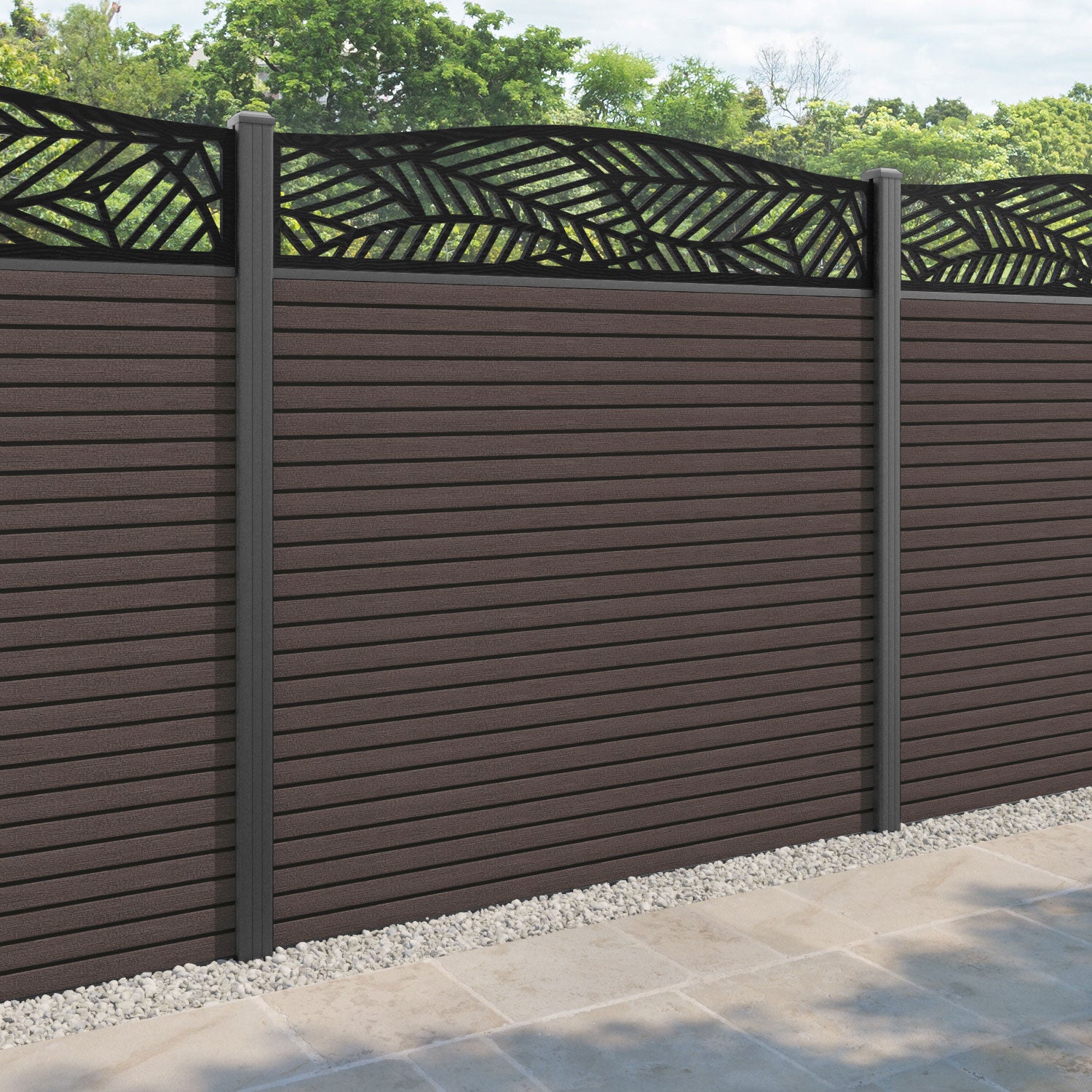 Hudson Habitat Curved Top Fence Panel - Mid Brown - with our aluminium posts