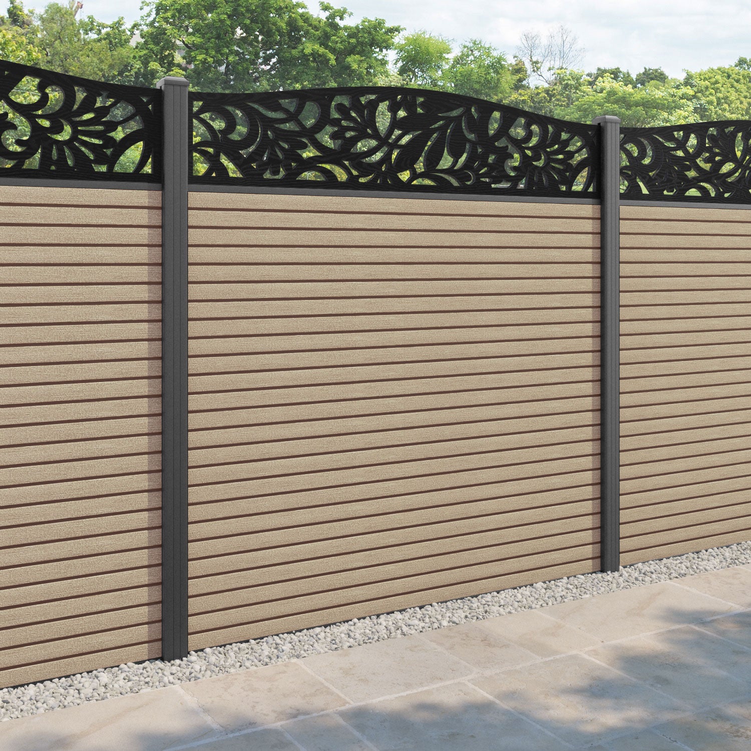 Hudson Heritage Curved Top Fence Panel - Light Oak - with our aluminium posts