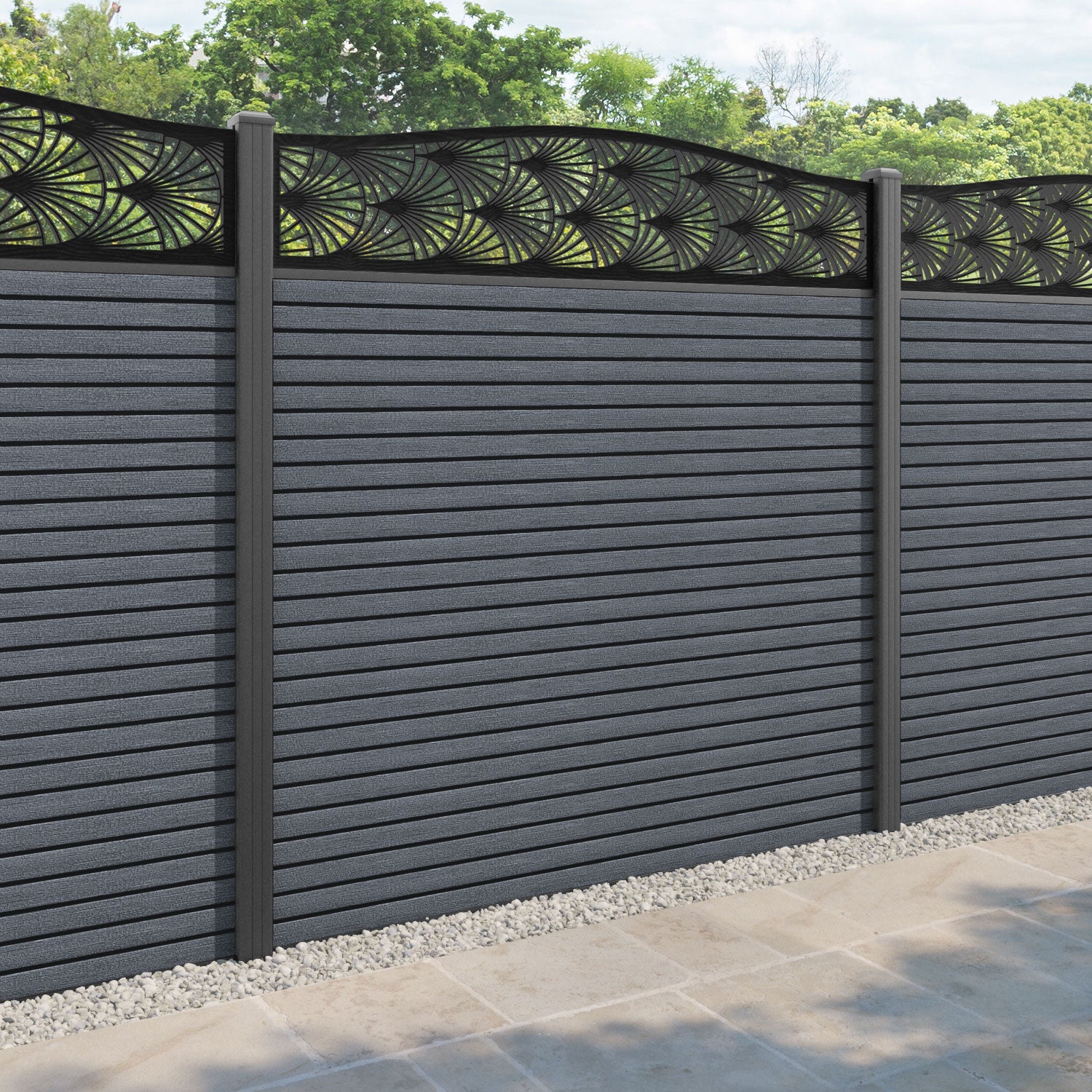 Hudson Laurel Curved Top Fence Panel - Anthracite - with our aluminium posts