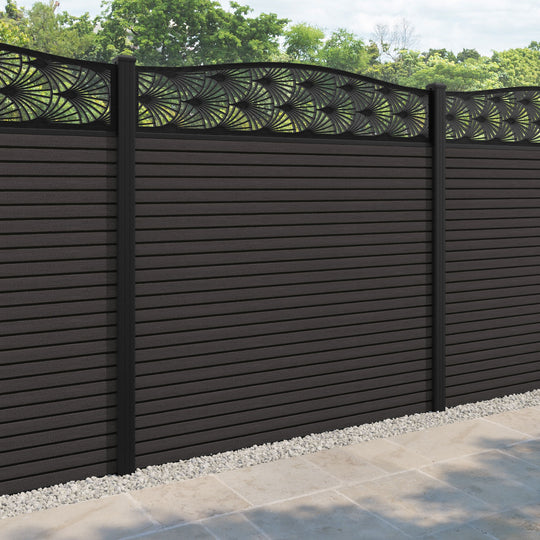 Hudson Laurel Curved Top Fence Panel - Dark Oak - with our aluminium posts