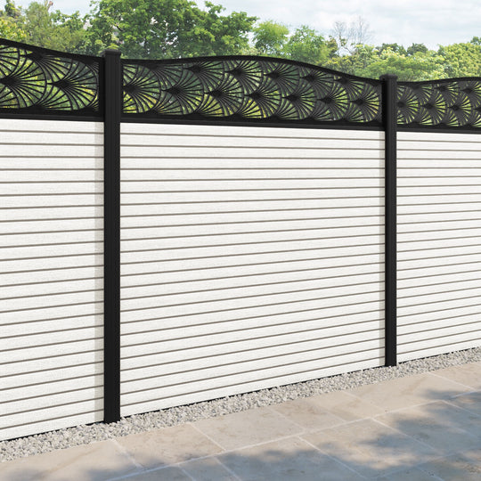 Hudson Laurel Curved Top Fence Panel - Light Stone - with our aluminium posts