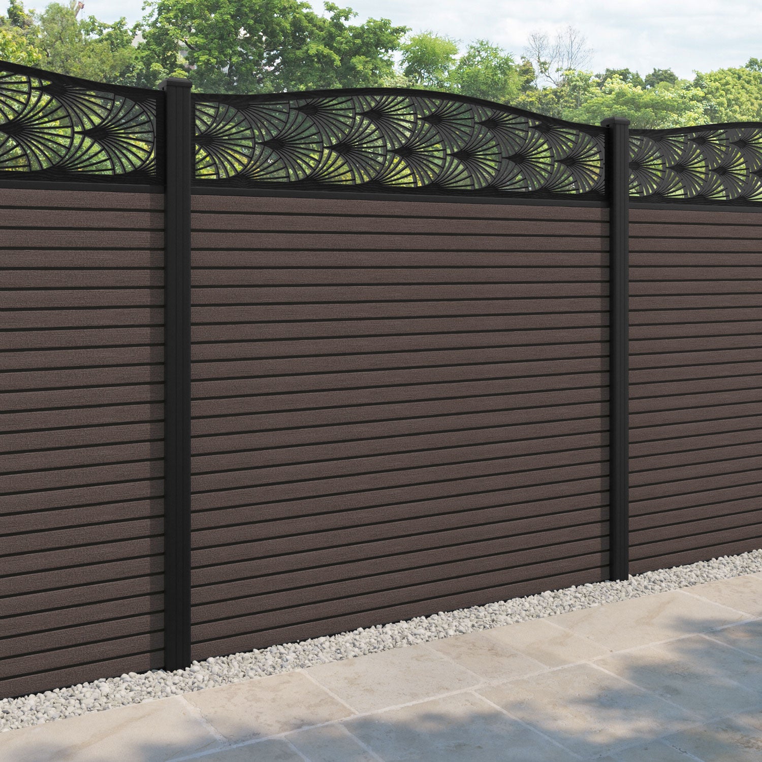 Hudson Laurel Curved Top Fence Panel - Mid Brown - with our aluminium posts