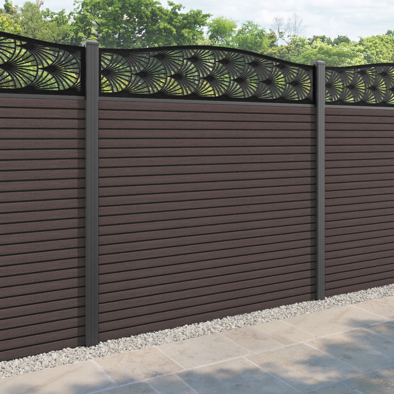 Hudson Laurel Curved Top Fence Panel - Mid Brown - with our aluminium posts