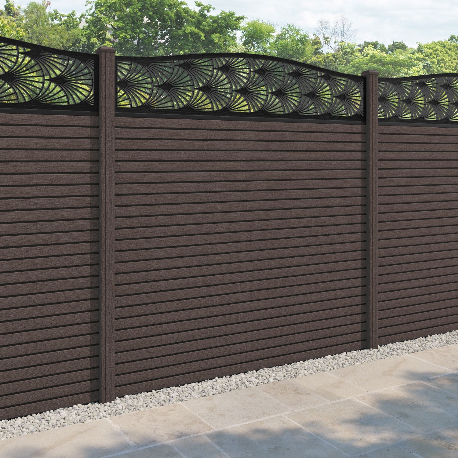 Hudson Laurel Curved Top Fence Panel - Mid Brown - with our composite posts