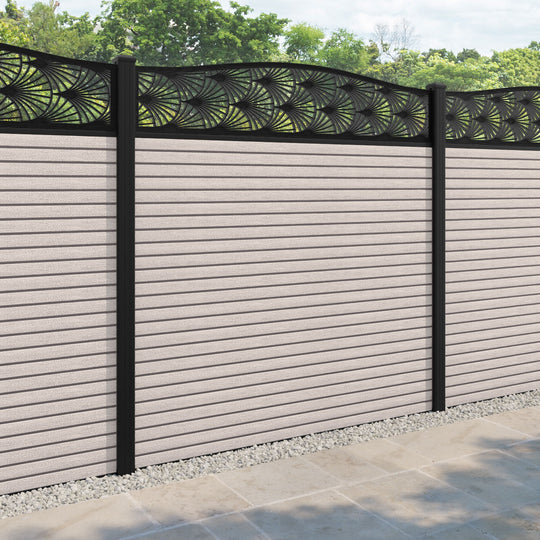 Hudson Laurel Curved Top Fence Panel - Mid Stone - with our aluminium posts