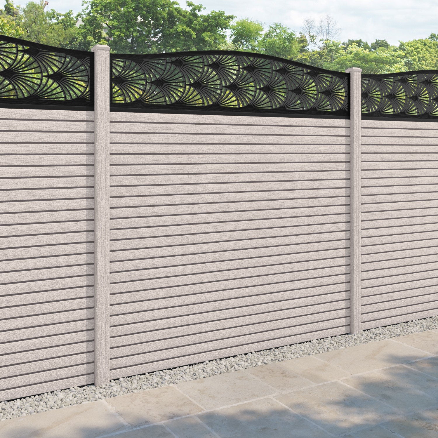 Hudson Laurel Curved Top Fence Panel - Mid Stone - with our composite posts