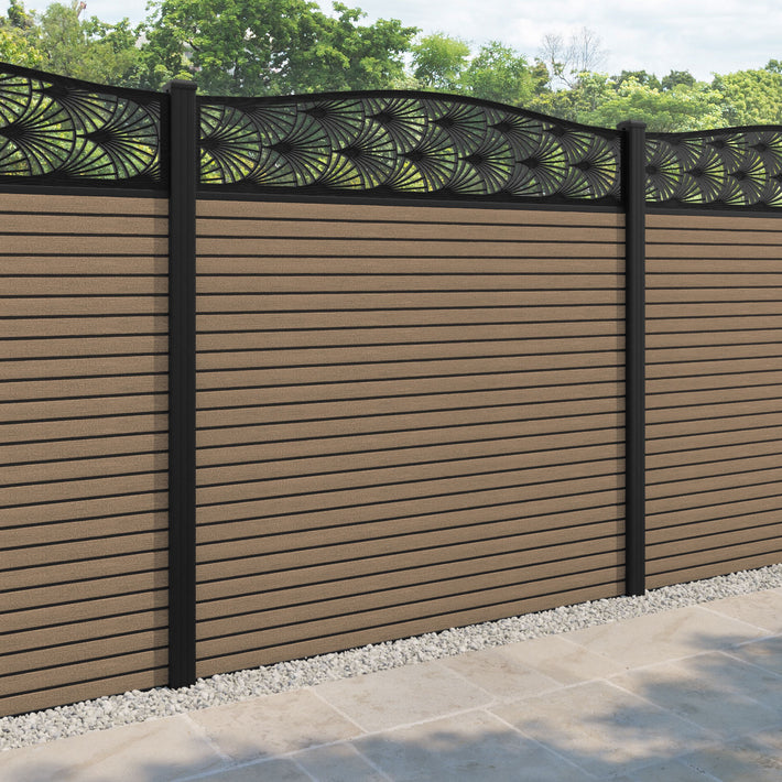 Hudson Laurel Curved Top Fence Panel - Teak - with our aluminium posts