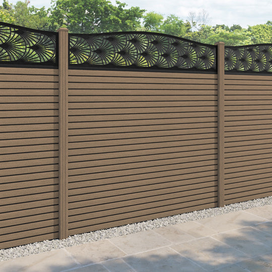 Hudson Laurel Curved Top Fence Panel - Teak - with our composite posts