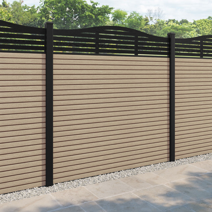 Hudson Aspen Curved Top Fence Panel - Light Oak - with our aluminium posts