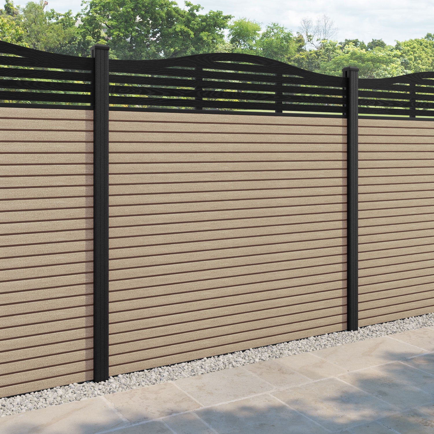 Hudson Aspen Curved Top Fence Panel - Light Oak - with our composite posts