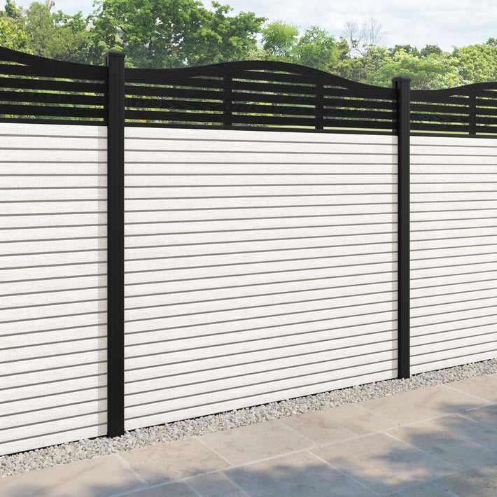 Hudson Aspen Curved Top Fence Panel - Light Stone - with our aluminium posts