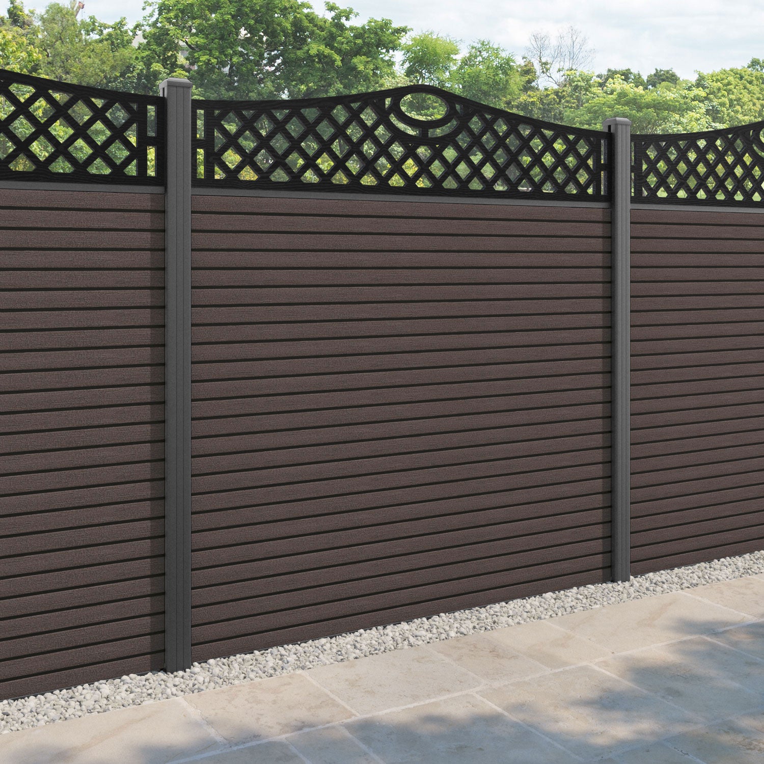 Hudson Oxford Curved Top Fence Panel - Mid Brown - with our aluminium posts