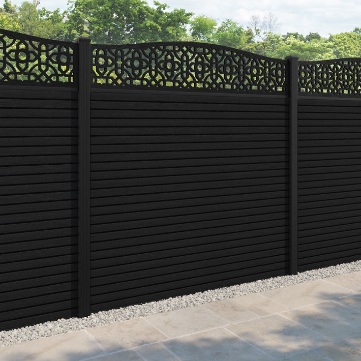 Hudson Nabila Curved Top Fence Panel - Black - with our aluminium posts